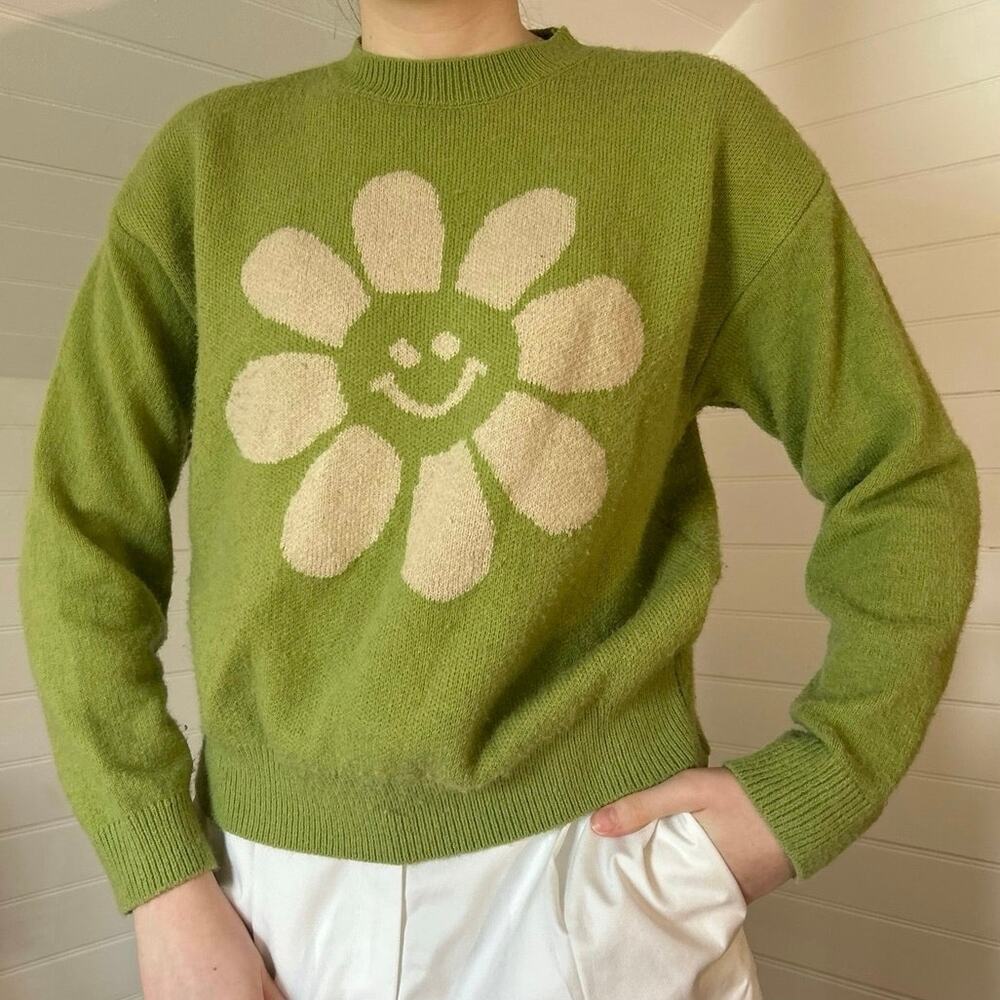 Cute green smiley face flower Witty Fox sweater